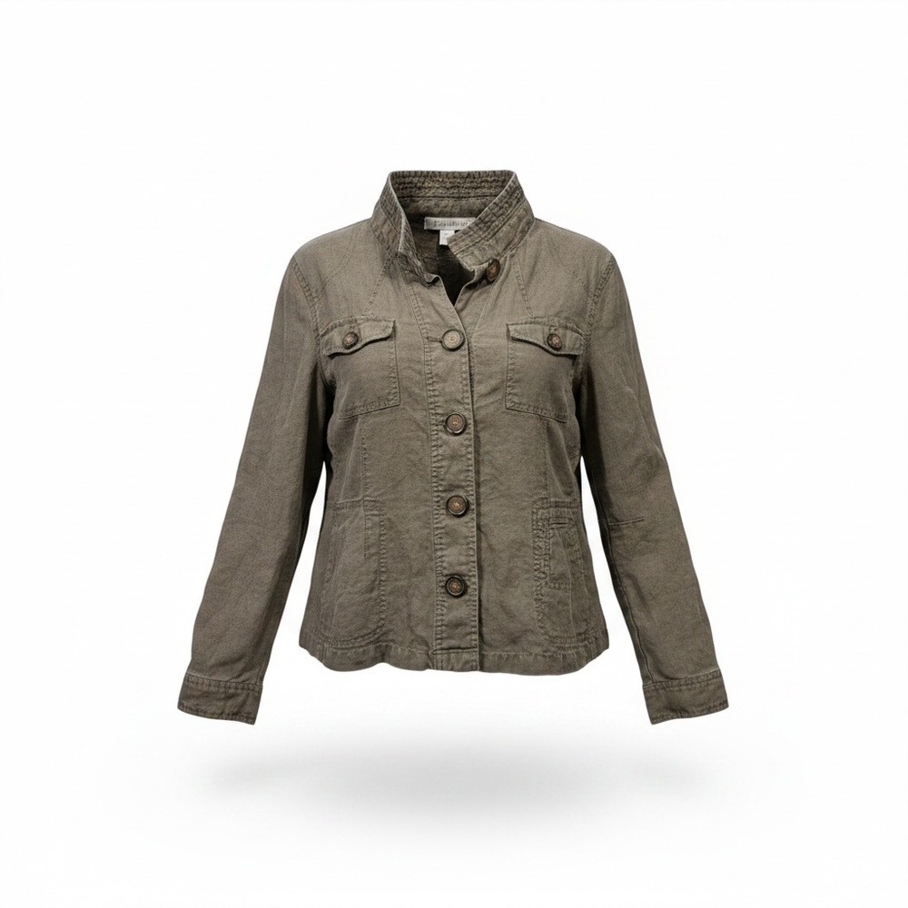 Relativity Utility Jacket Women L Green Excellent Linen Blend Safari Mock Neck